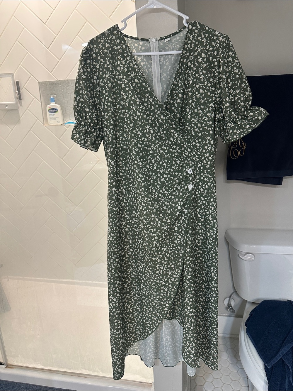 SHEIN Olive Green Floral Wrap Midi Dress
